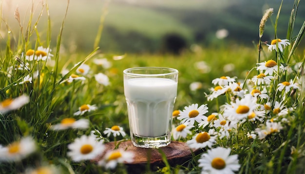 Closeup of glass of fresh milk green grass and daisies on background Tasty and healthy beverage