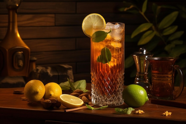 Closeup of a glass of ice tea with milk on the table on white