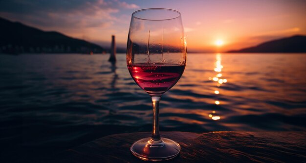 Closeup of a glass of red wine against of sea sunset backdrop Romantic trip concept Generative AI