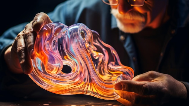 Photo closeup on glass shaping skillful hands create intricate sculpture vibrant colors