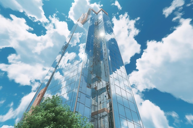 Closeup of glass skyscraper facade reflecting clouds created with generative ai