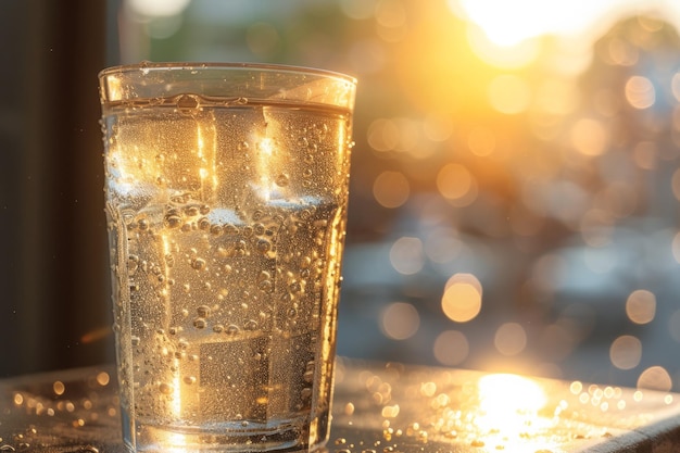 Photo closeup of a glass of sparkling water with blurred background