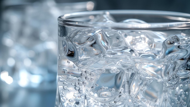 Photo closeup of a glass of sparkling water with ice cubes on a blue background