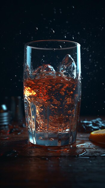 Foto closeup di vetro sul tavolo con splash di ghiaccio