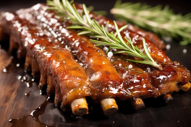 Closeup of glazed pork ribs with fresh rosemary on top