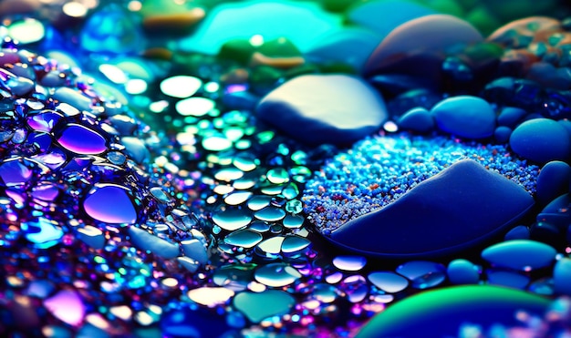 A closeup of a glittering mosaic of shimmering blues greens and purples evoking the sparkle of sunlight on the ocean