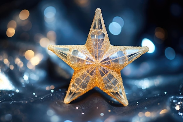A closeup of glittery gold star ornament