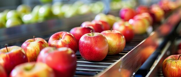 Closeup of glossy red apples on an industrial processing line showcasing the beauty of agricultural produce in mass production