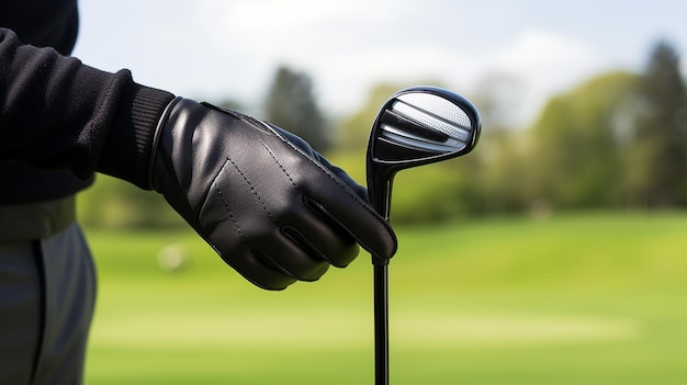 Foto closeup di gloved hand holding golf club all'aperto