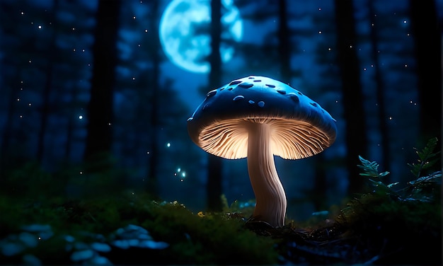 Closeup on a glowing blue mushroom under a full moon