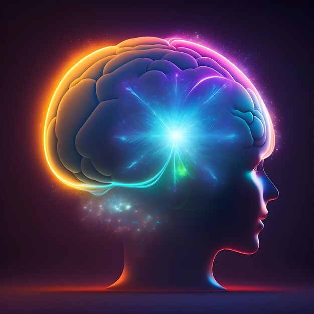Светящийся мозг крупным планом с нейронными связями Искры вдохновения и идей