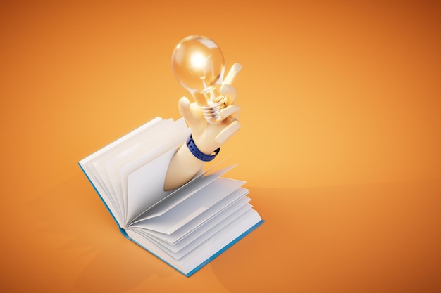 Closeup glowing light bulb in the hand and book on a orange background 3d render