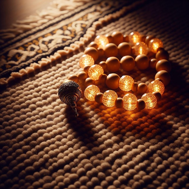 CloseUp of Glowing Prayer Beads on Textured Mat with Gentle Light for Warm Prayer Space