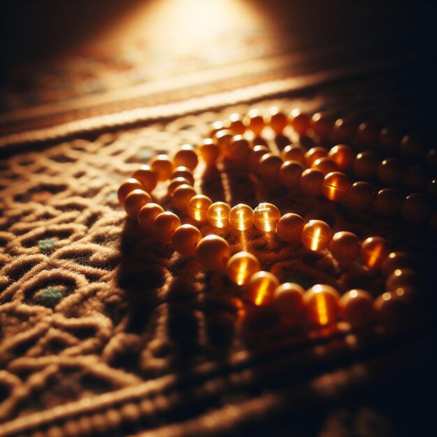 CloseUp of Glowing Prayer Beads on Textured Mat with Gentle Light for Warm Prayer Space