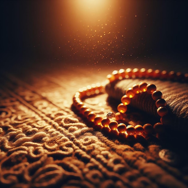 CloseUp of Glowing Prayer Beads on Textured Mat with Gentle Light for Warm Prayer Space
