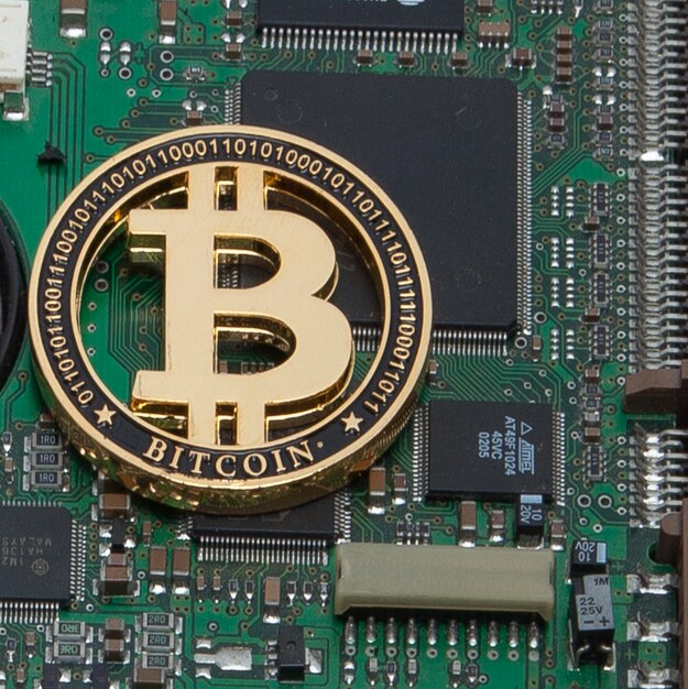 Closeup of gold bitcoin, computer circuit board and microchips