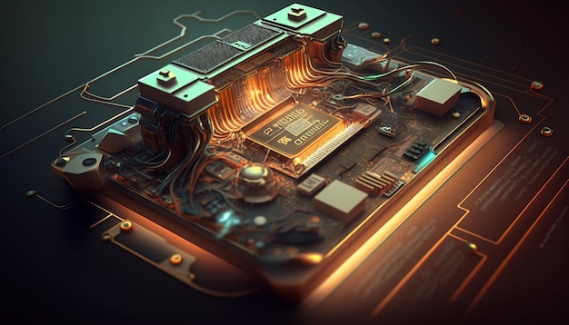 Closeup of gold metal circuit board chip a computer with neon lights Generated AI