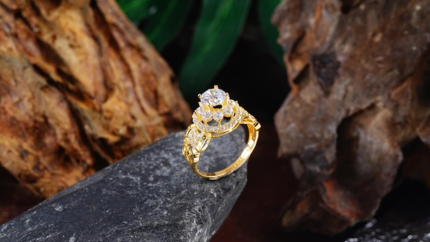 closeup A gold ring on a rock spirit