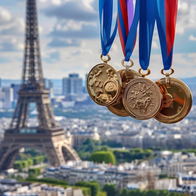Foto close-up di medaglie d'oro, d'argento e di bronzo contro la torre eiffel, una testimonianza dello spirito di competizione a parigi