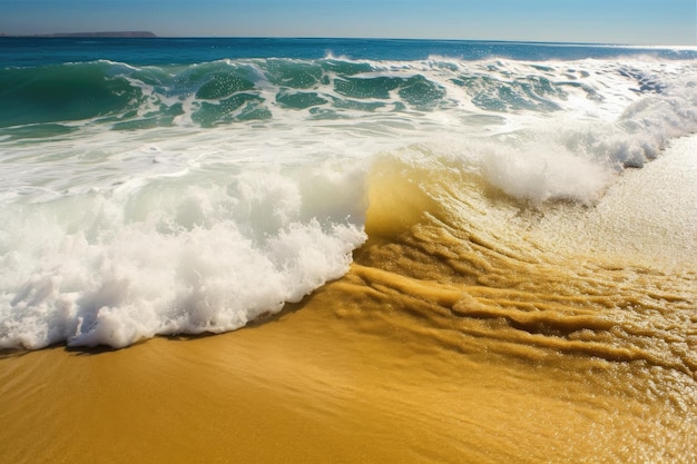 Closeup of golden beach with the waves crashing on the shore created with generative ai