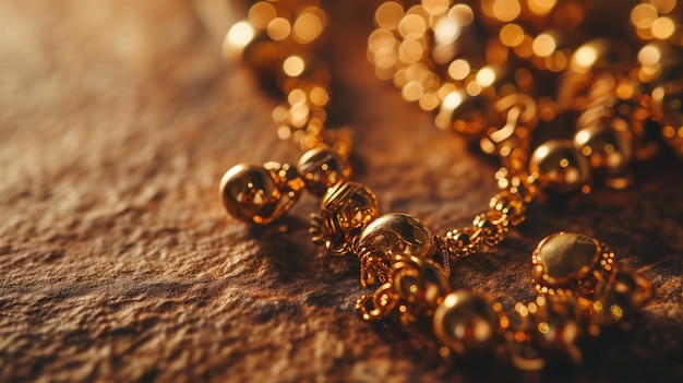 Closeup of a golden beaded necklace on a textured brown surface