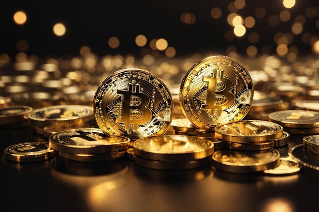 closeup of golden bitcoins on a dark reflective surface and the histogram of decreasing crypto