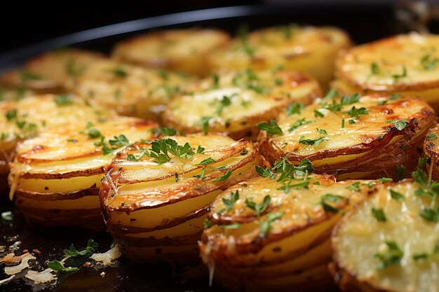 CloseUp of Golden Brown Roasted Garlic Parmesan Potatoes