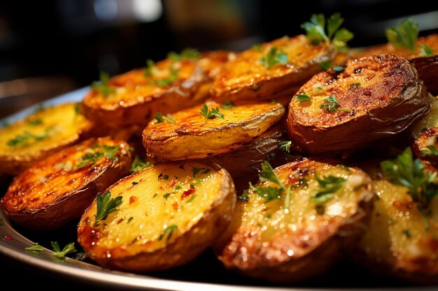 CloseUp of Golden Brown Roasted Garlic Parmesan Potatoes