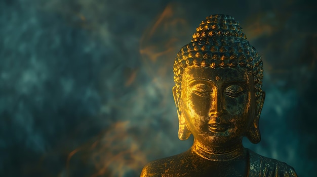 a closeup of a golden buddha statue with eyes closed with a blurred background of teal and orange sm