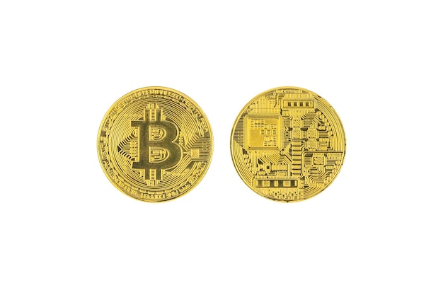 Closeup golden coin with bitcoin symbol isolated on white background with clipping path