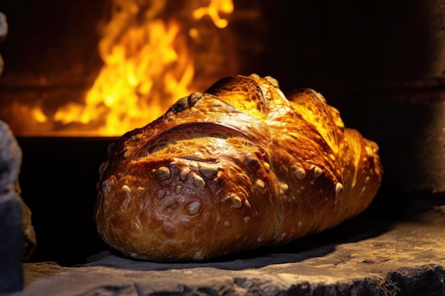 Closeup of golden crusty loaf in a stone oven created with generative ai