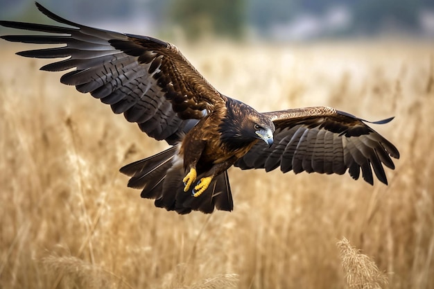 Closeup of a golden eagle flying over a field with its wings wide open Generative ai