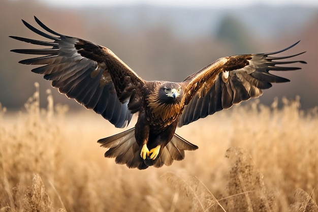 Closeup of a golden eagle flying over a field with its wings wide open Generative ai