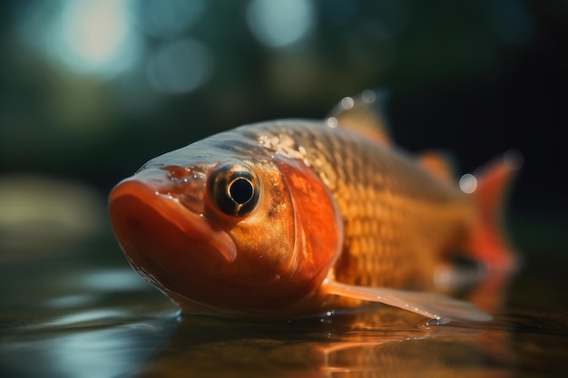 Крупный план золотой рыбы, лежащей на высохшей реке или озере и смотрящей в камеру, экологическая и животная катастрофа