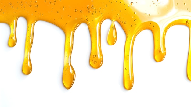 Photo closeup of golden honey dripping down amber liquid texture sweet natural syrup healthy food concept ai