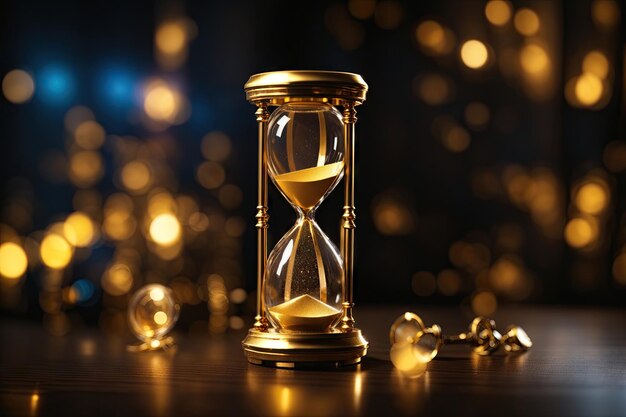 Closeup of golden hourglass on table dark background ai generative