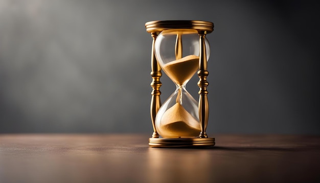 Closeup of golden hourglass on table dark background time concept