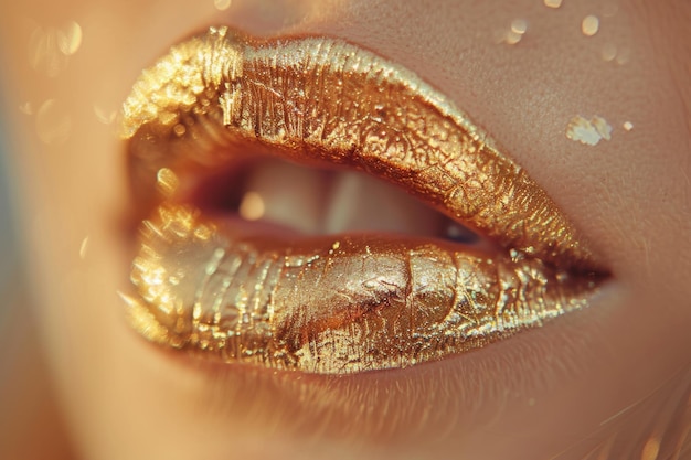 Photo closeup of golden metal art lip with glossy makeup