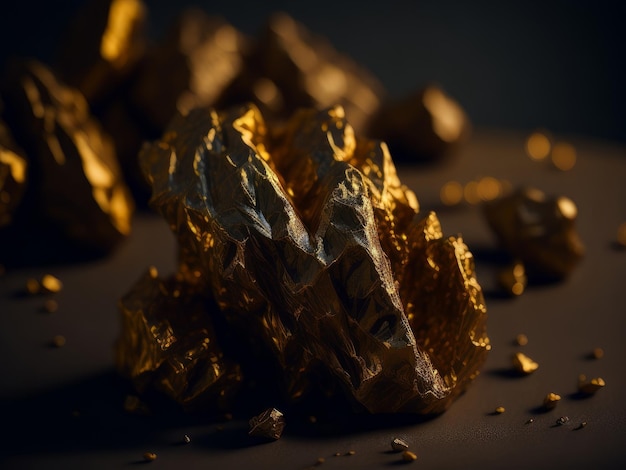 Closeup of golden nugget on dark background AI Generated