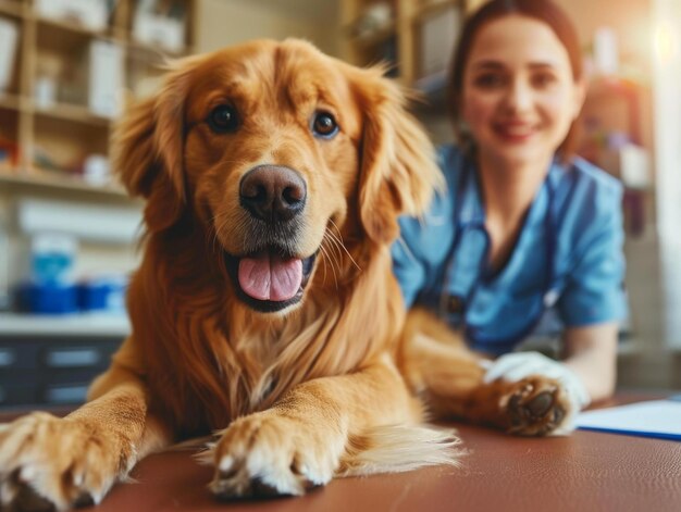 Closeup of a golden retriever dog with a veterinarian in the background