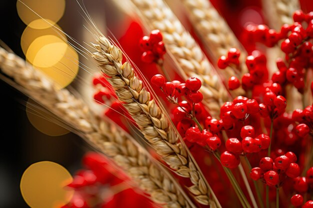 Closeup of golden ripe wheat ears in the field agriculture concept highquality organic food