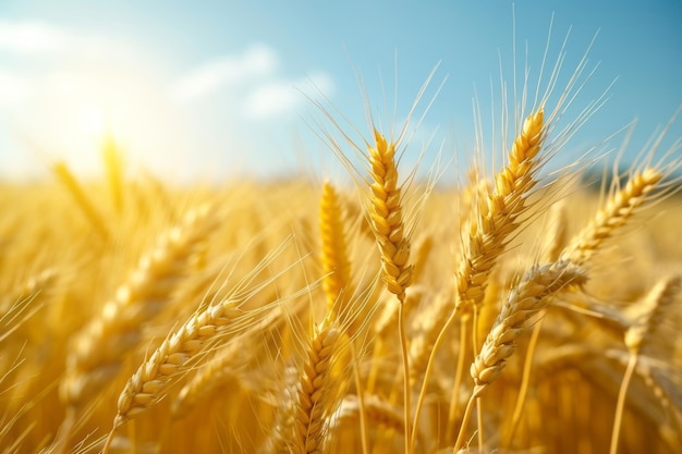 Closeup of golden wheat ears harvest concept endless wheat field on late summer morning time