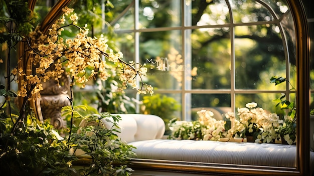 Closeup of a goldframed white mirror