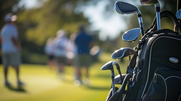 Foto close-up di una borsa da golf con persone sullo sfondo