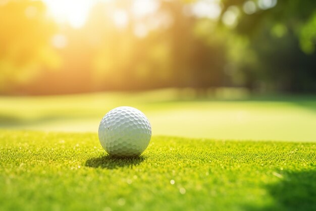 Closeup of golf ball on green grass of golf course sunny day blurred backdrop