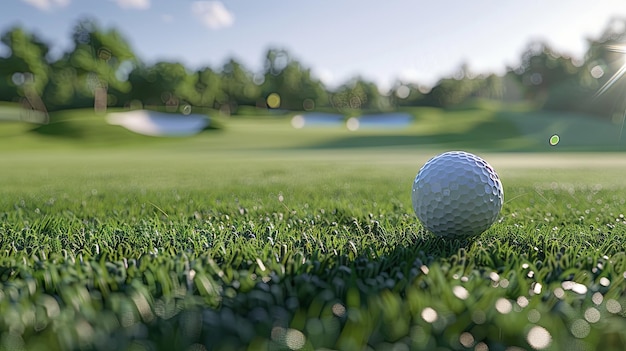 Closeup of golf ball on lush green course with morning dew