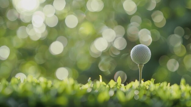 Closeup golf ball on tee with blur green bokeh background