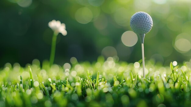 Photo closeup golf ball on tee with blur green bokeh background