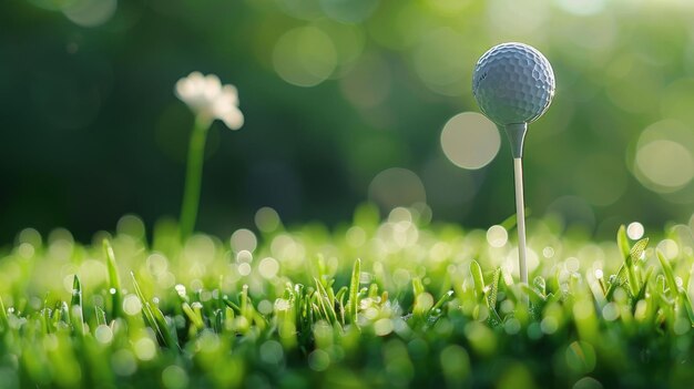 Closeup golf ball on tee with blur green bokeh background