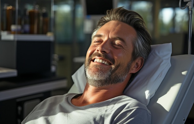 Photo closeup of a gorgeous calm smiling adult caucasian man's face as he waits for a facial treatment procedure while resting on a cosmetic clinic bed